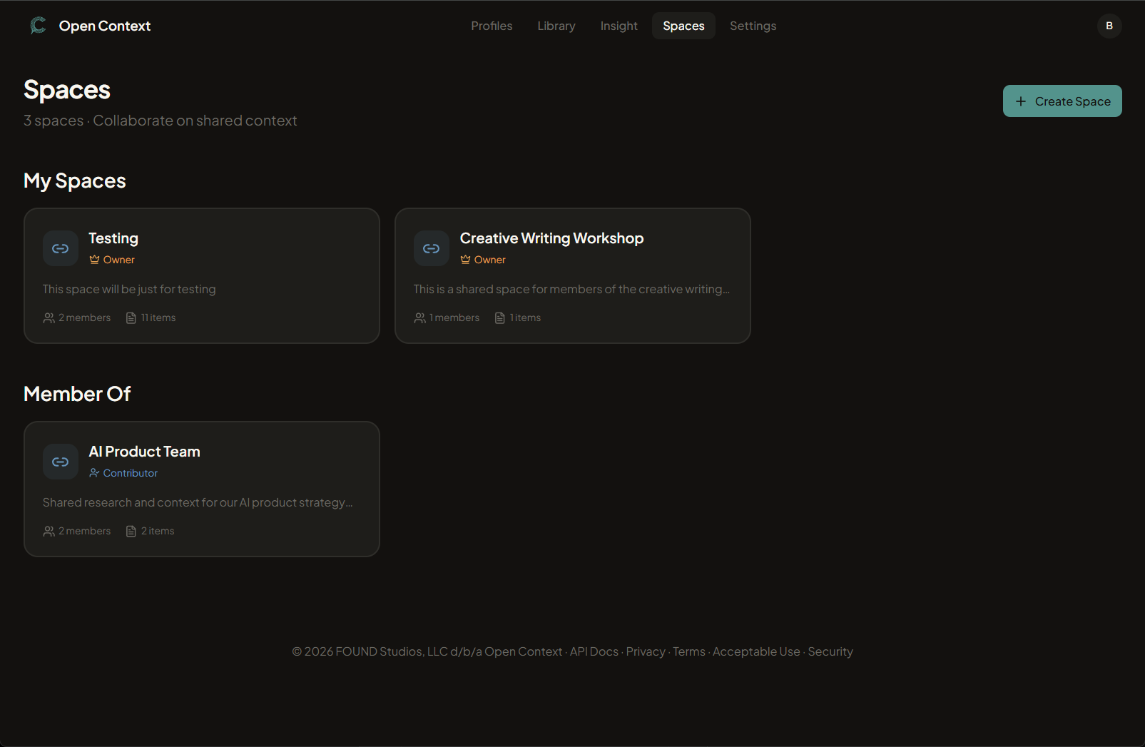 Spaces page in Open Context