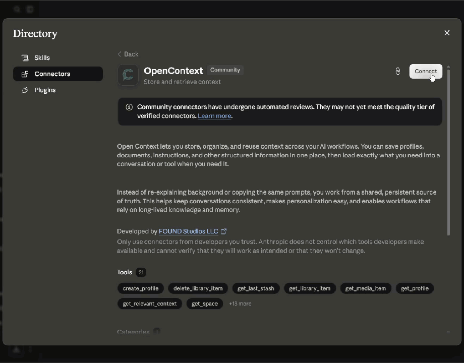 Connecting the OpenContext connector in Claude