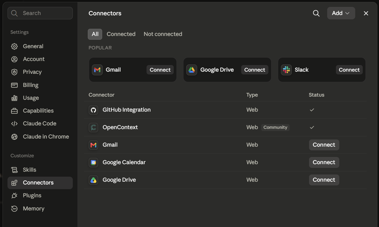 OpenContext showing as connected in Claude settings