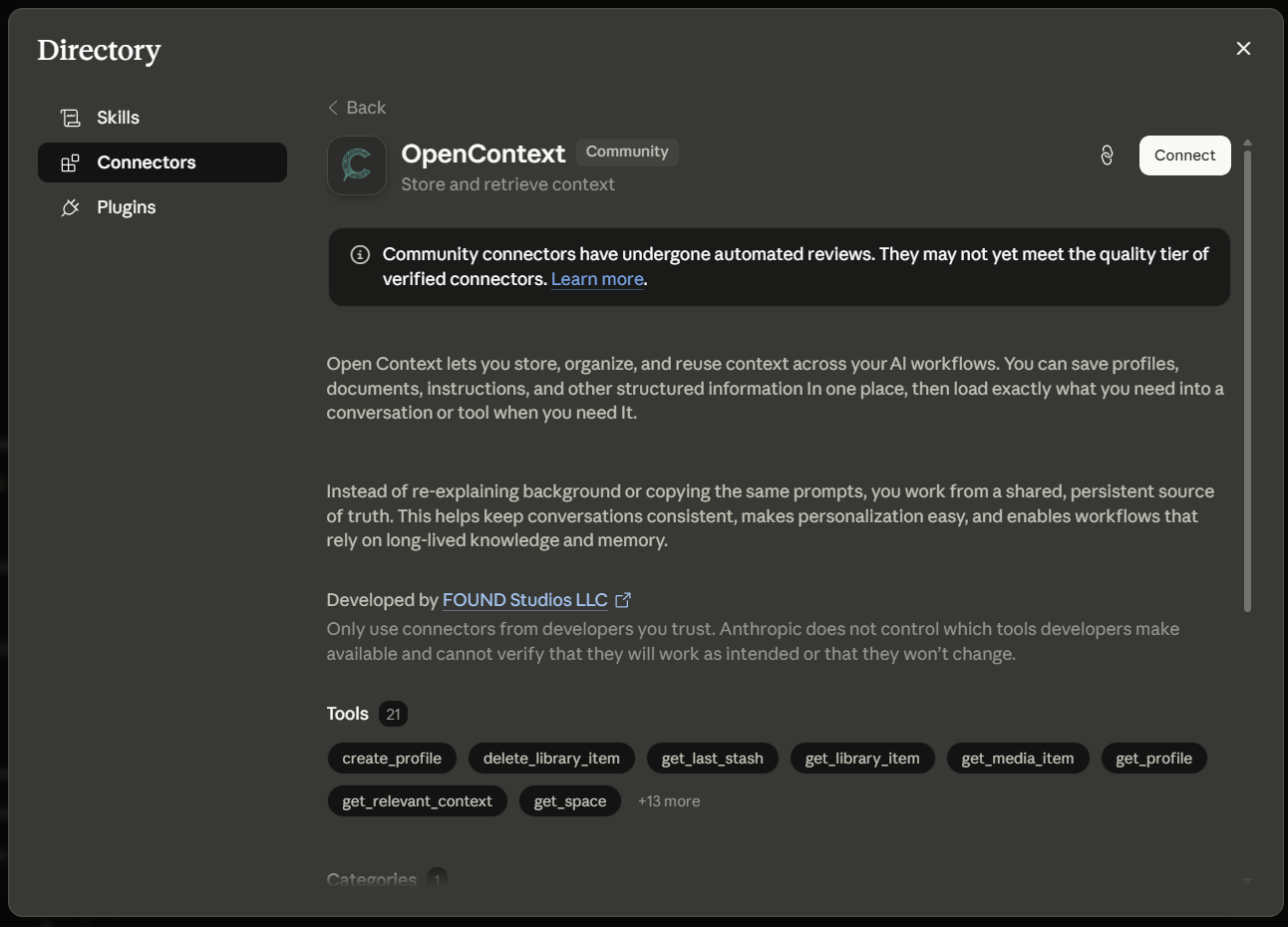 The OpenContext connector detail page in Claude, listing its 21 tools