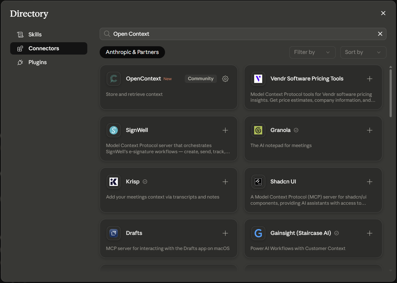 Searching the Claude connector directory for Open Context