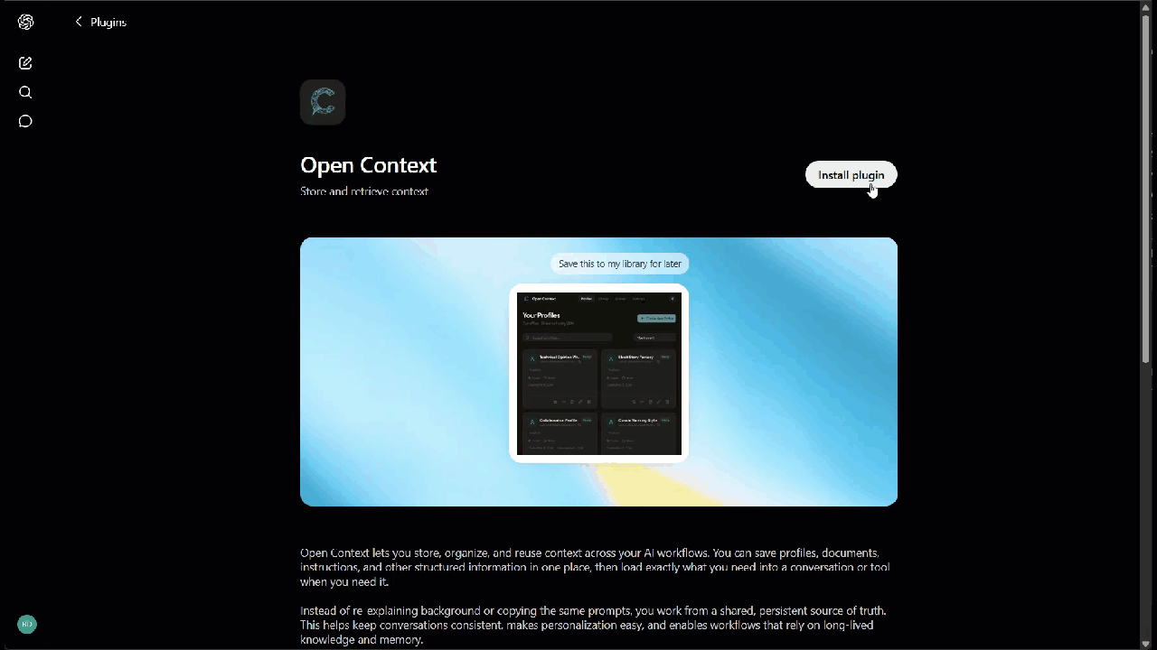 Installing the Open Context plugin in ChatGPT