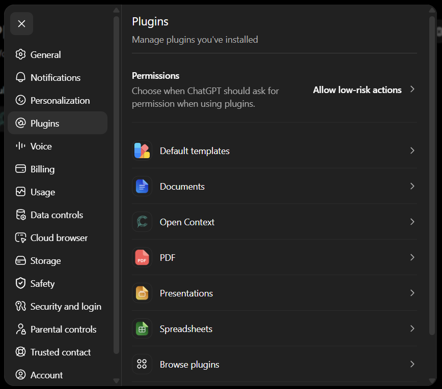 Open Context listed in ChatGPT plugin settings