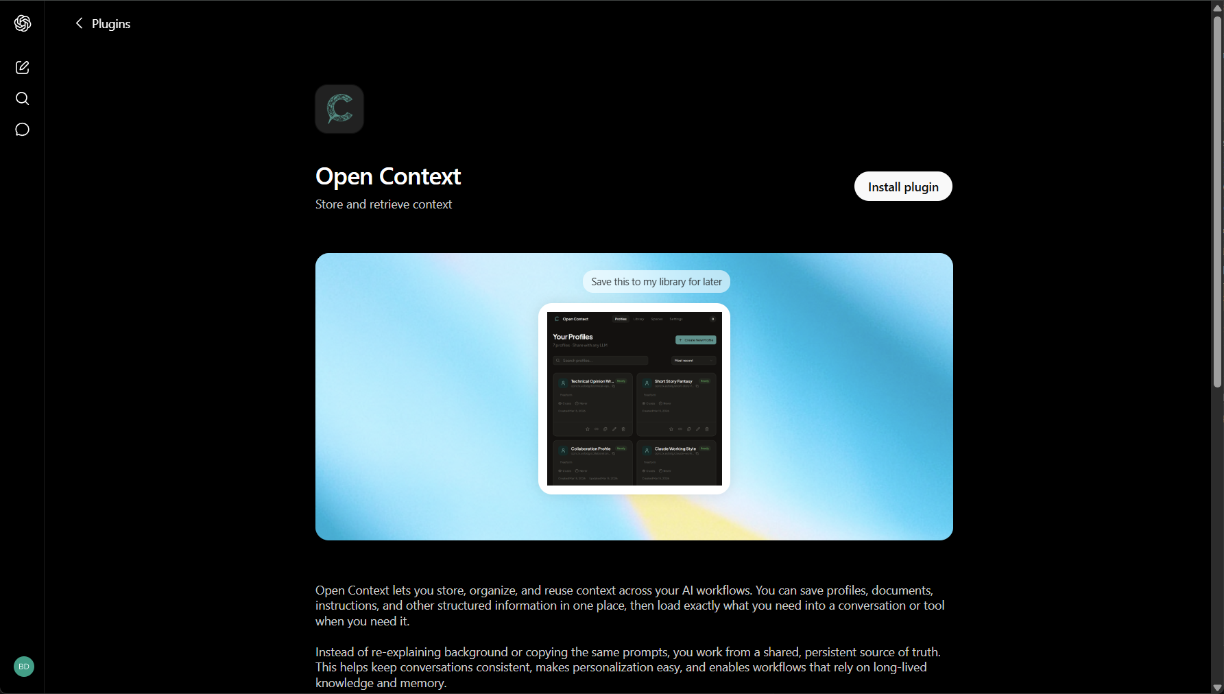 The Open Context plugin detail page in ChatGPT