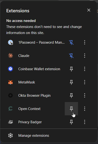 Pinning the Open Context extension