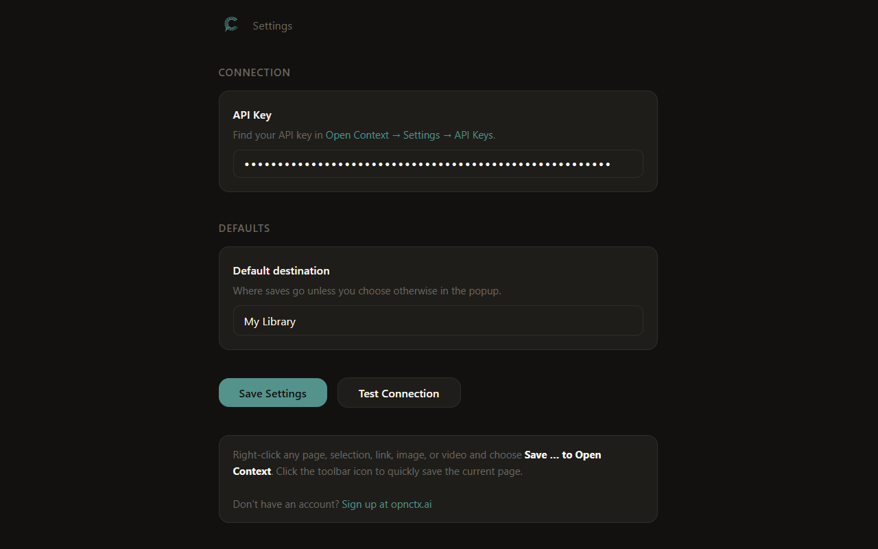 Extension options page showing API Key field